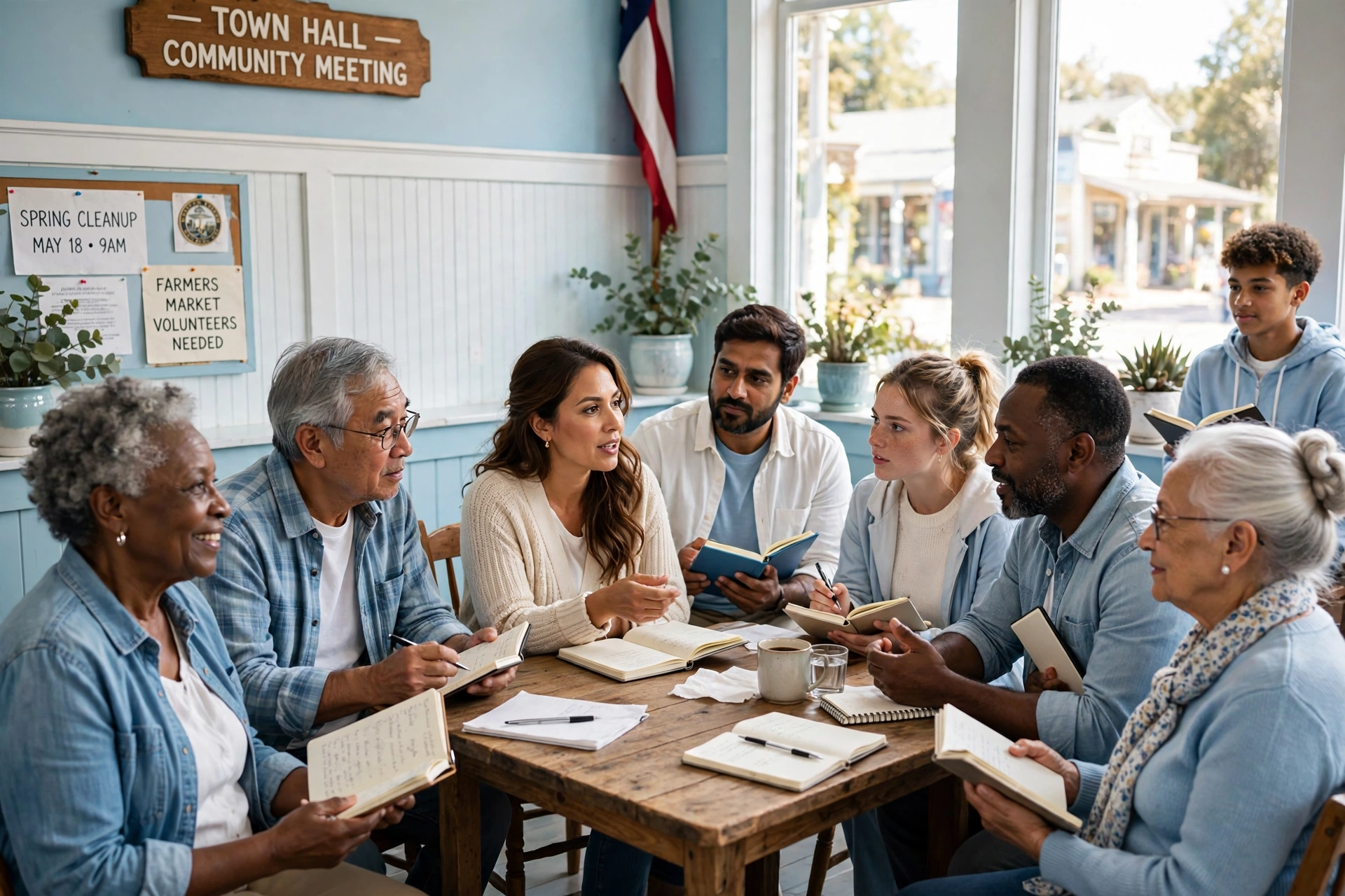 Diverse residents at a community meeting in a town hall