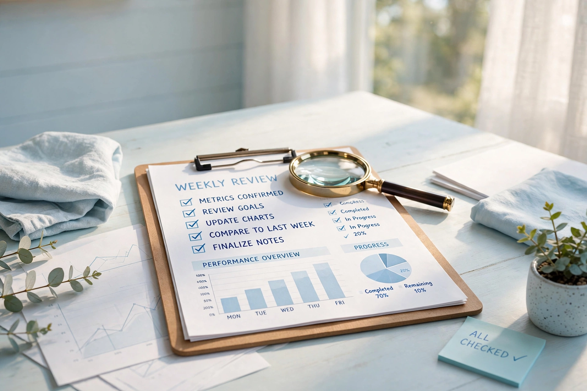 Clipboard with charts and checkmarks, magnifying glass on top