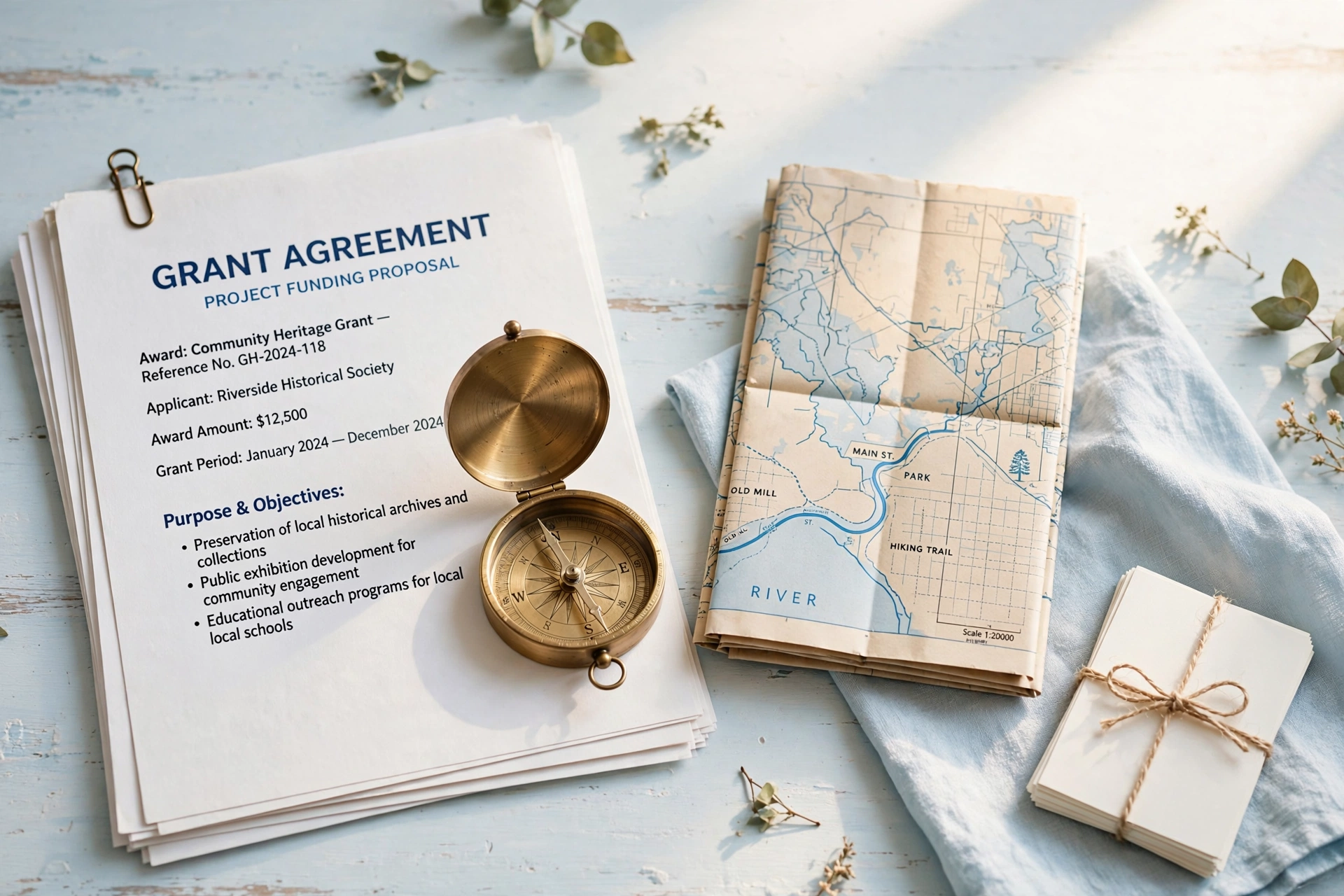 Brass compass resting on grant documents beside a map