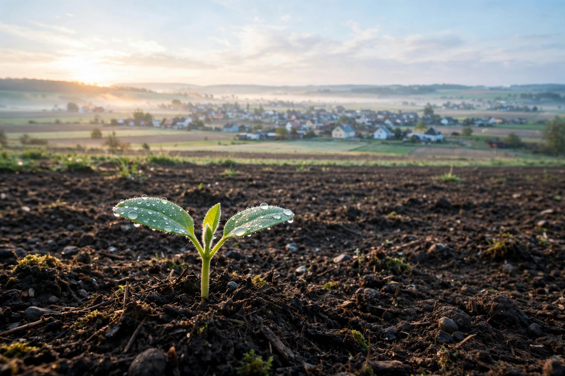 Young green seedling growing in soil at sunrise