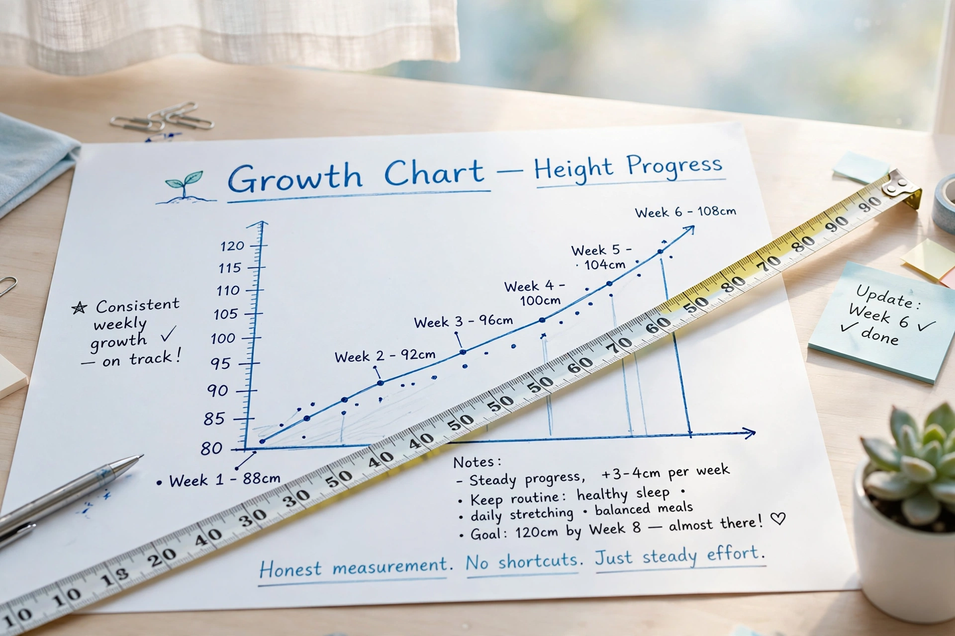 Measuring tape stretched across a paper growth chart