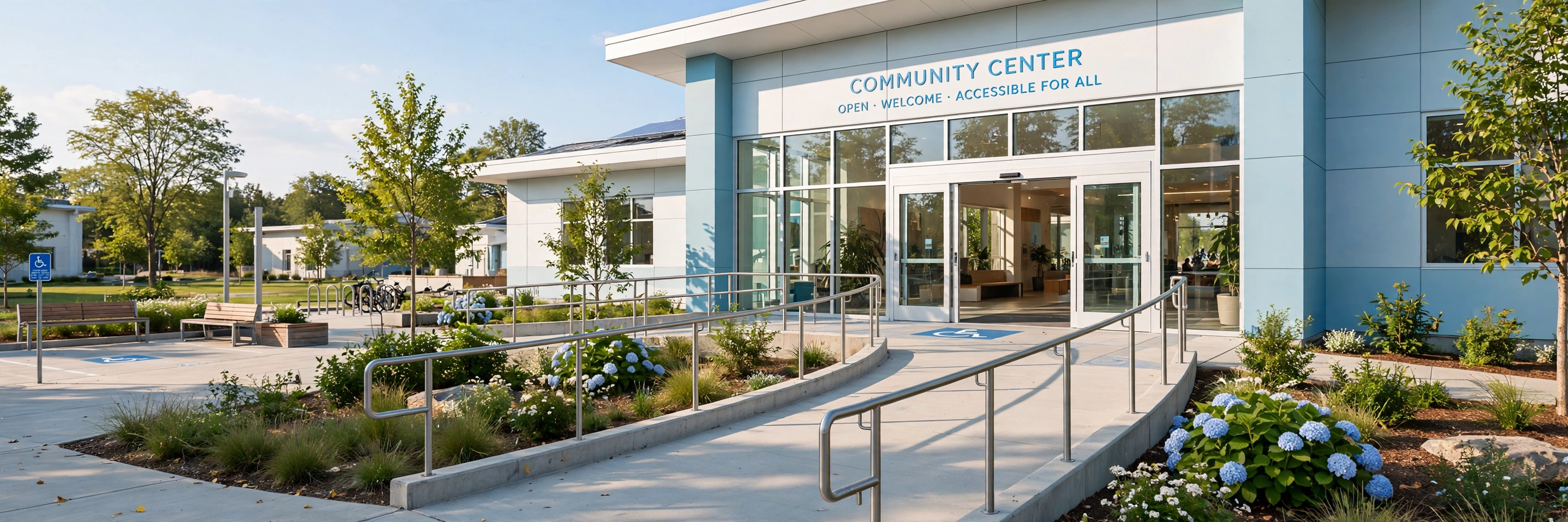 Wheelchair-accessible ramp leading to a community center entrance