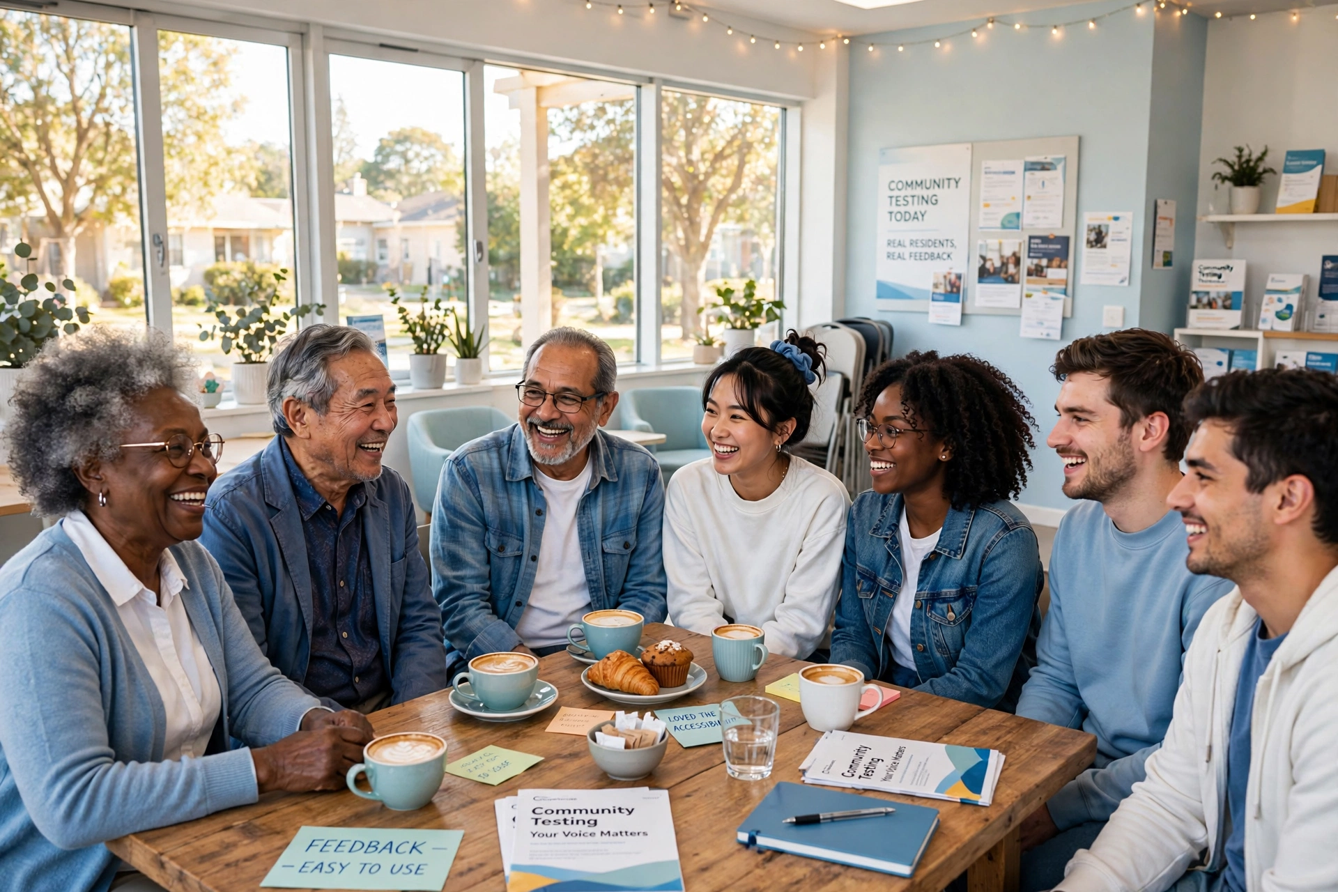 Diverse seniors and young adults chatting in a bright community room