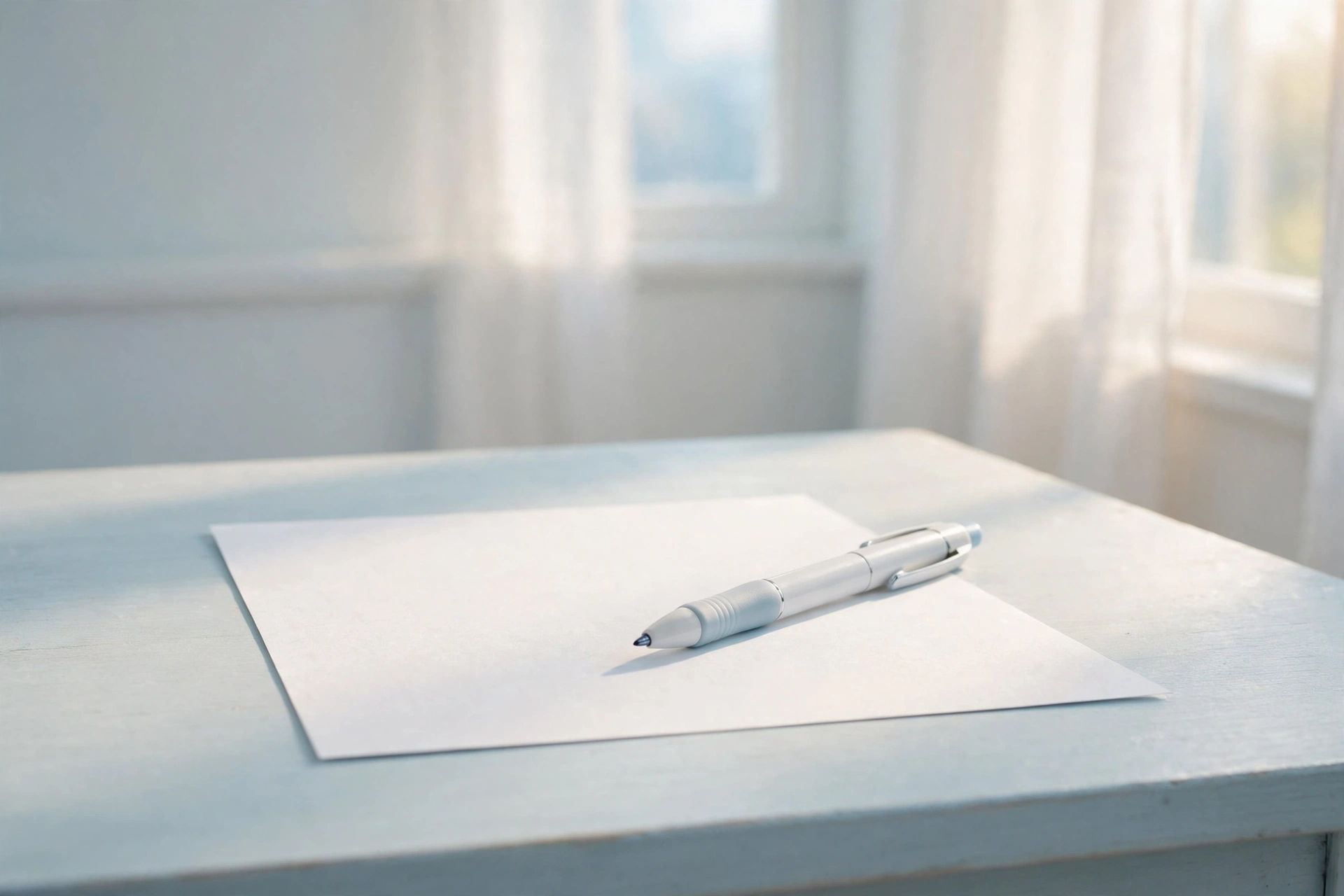 Clean minimal desk with a single sheet of paper and a pen