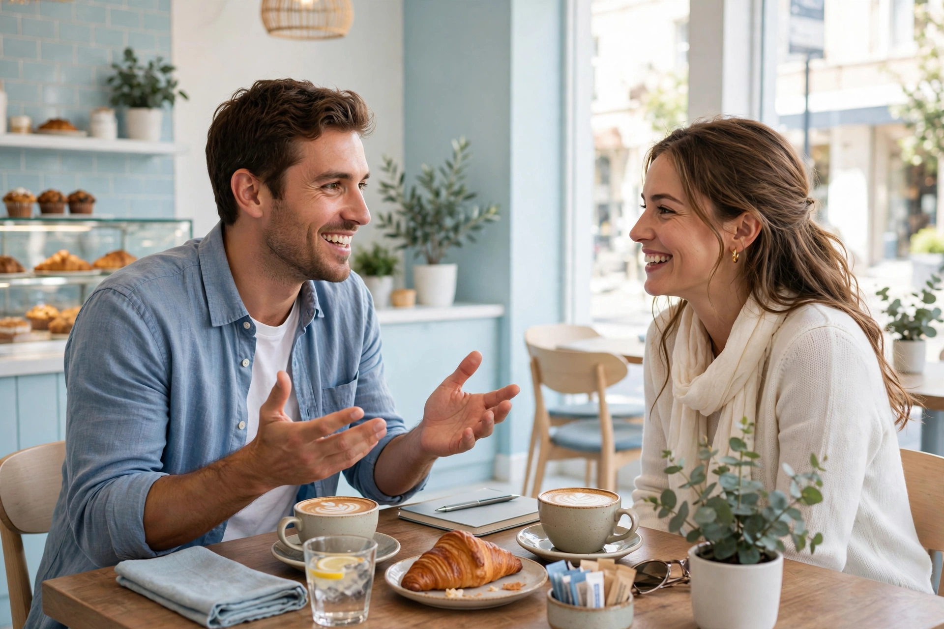 Two people in warm conversation, one explaining with open hands