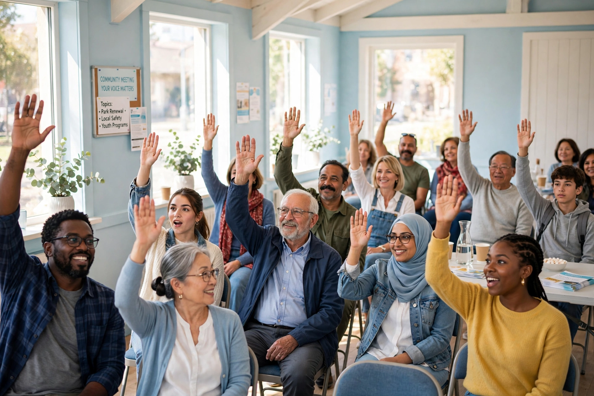 Diverse audience with raised hands at a community meeting