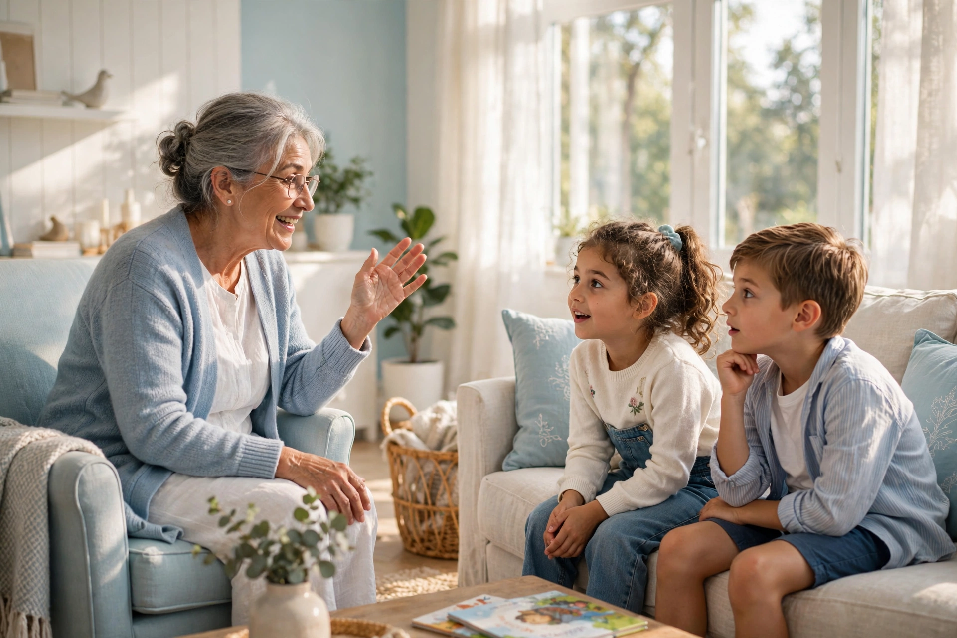 Grandmother telling a story to children in a warm living room